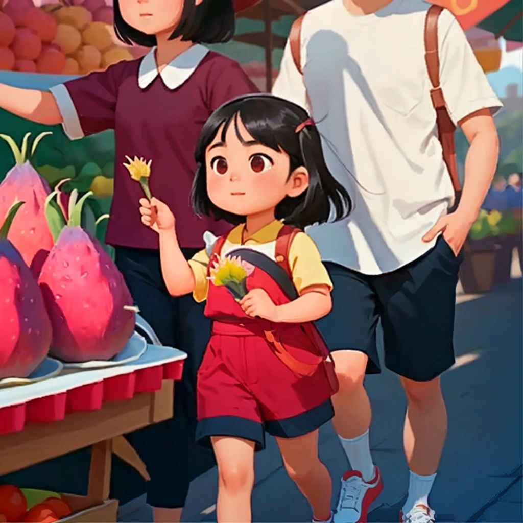Lily and her family walking through the market, Lily pointing at a loong4 gwa1 dragonfruit.