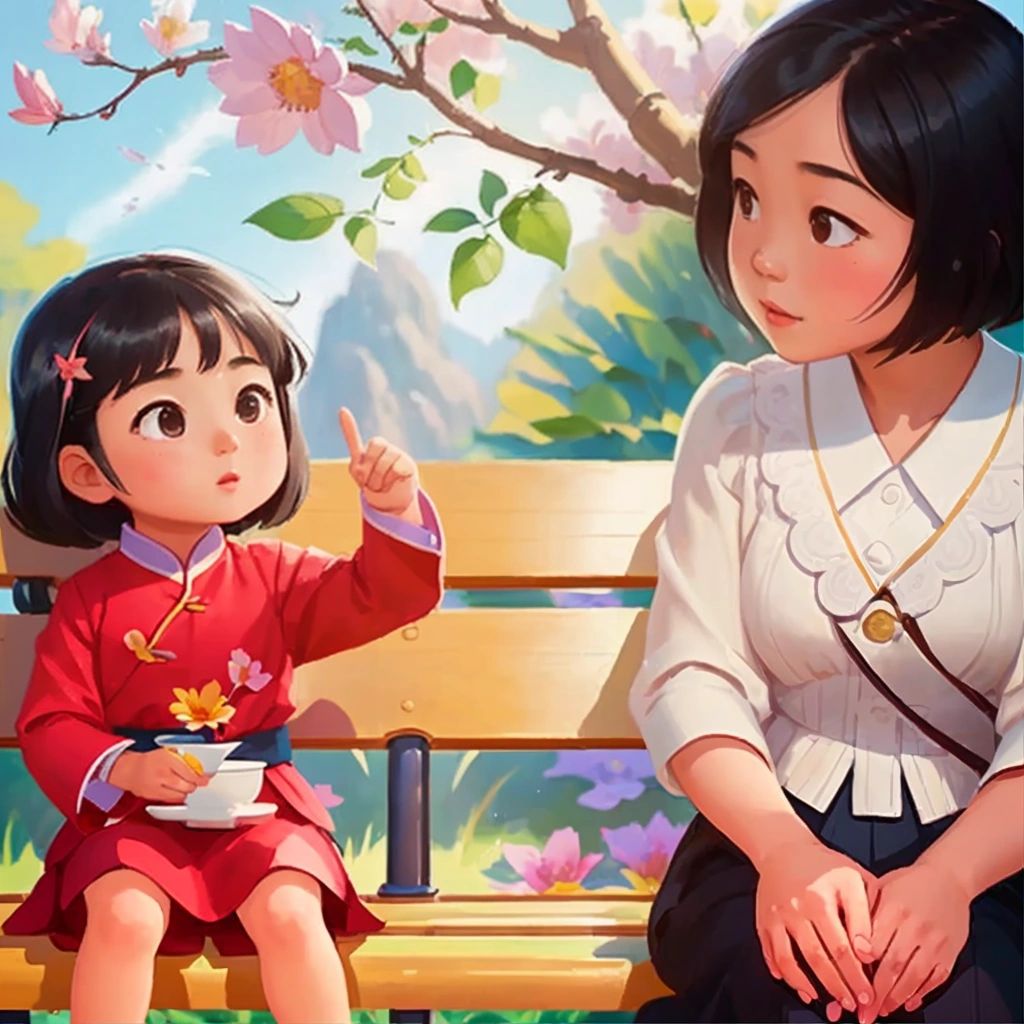 Lily and her aunt sitting on a park bench, Lily pointing at a faa1 jau4 flower and saying the word in Cantonese.