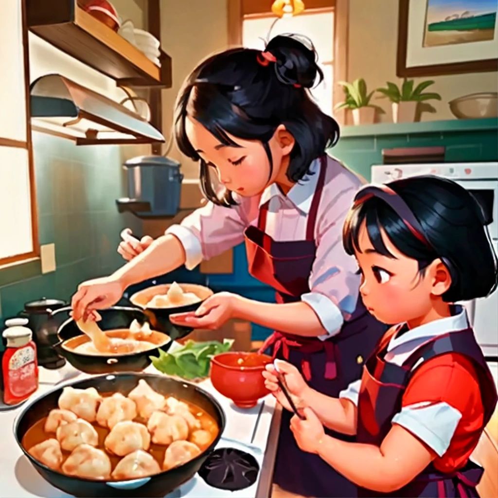 Lily and her mom standing in the kitchen, making siu1 jyun2 dumplings together.