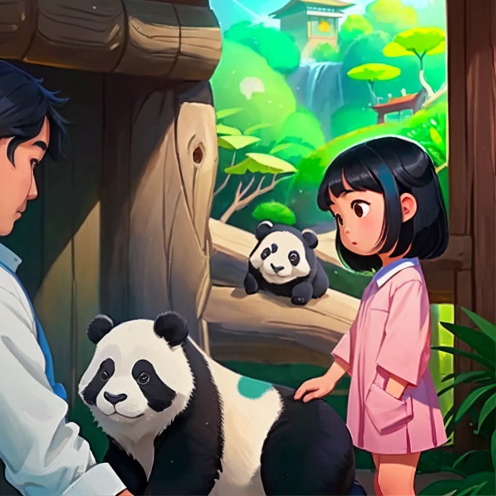 Lily and her dad standing in front of a daai6 hoh1 panda enclosure at the zoo.