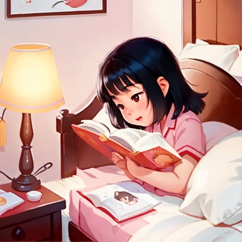 Lily waking up in her bed, looking excitedly at the Cantonese word book on her nightstand.
