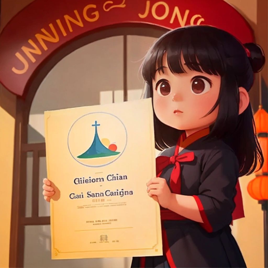 Lily standing in front of a Cantonese language school, holding a certificate of completion for her Cantonese word journey.