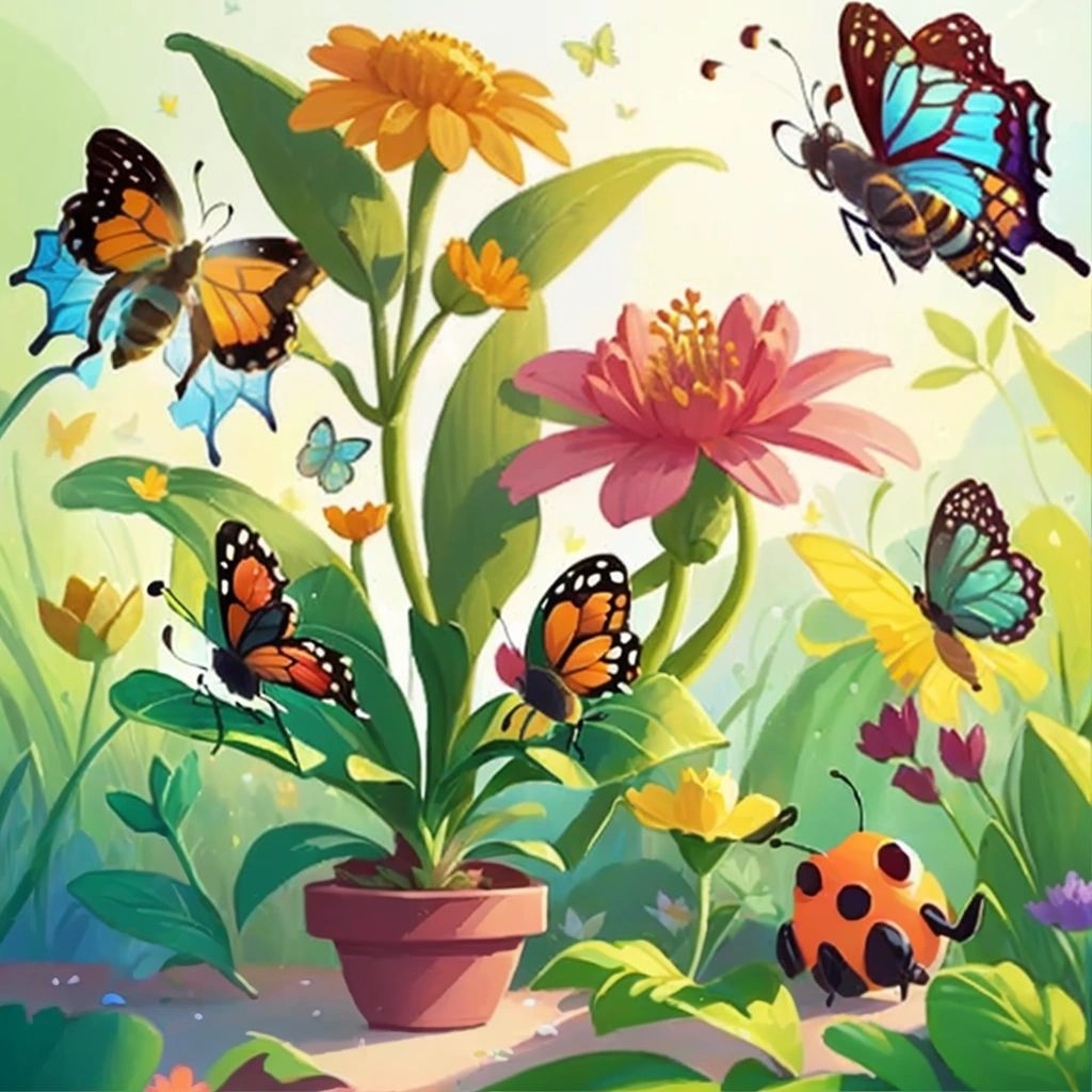 The little plant surrounded by its friends - butterflies, bees, and ladybugs - playing and dancing around it.