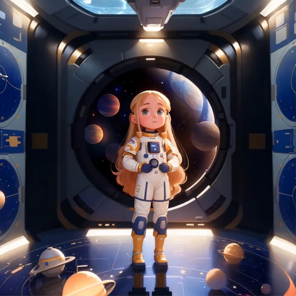 Eve standing inside a space station, surrounded by advanced technology and other astronauts.