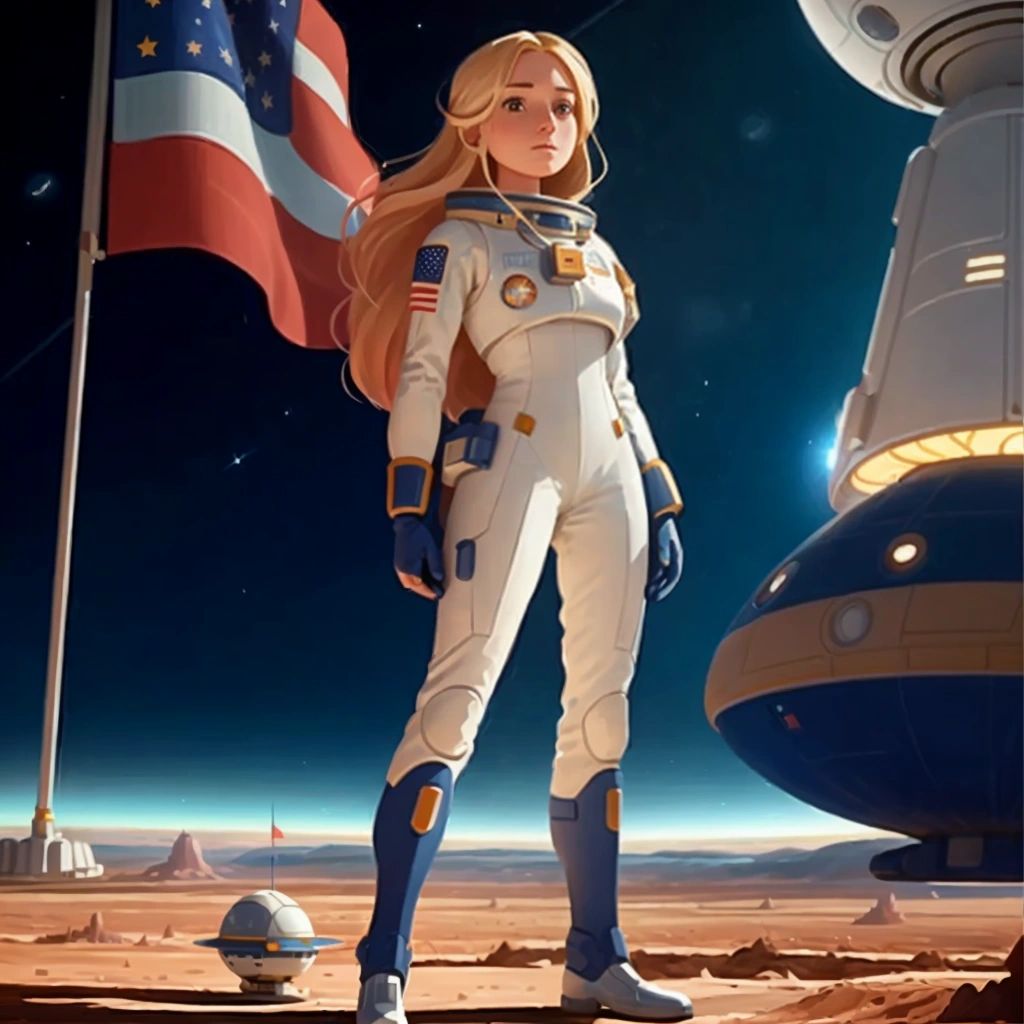 Eve as an adult astronaut, standing on a planet with a flag planted in the ground and a spaceship in the background.