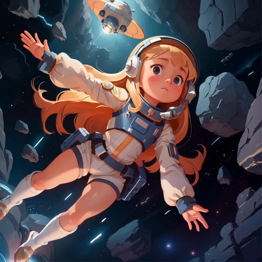 Eve piloting her spaceship through a dangerous asteroid field, dodging big rocks.
