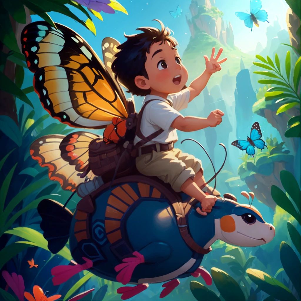 King riding on the back of a giant butterfly while exploring his magical kingdom filled with talking animals and friendly creatures.