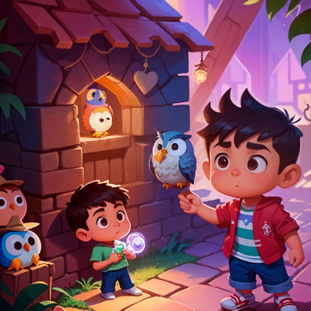 King standing in front of the evil Brickyard Gang Monsters' lair, holding his magical pacifier, Bobo, and receiving advice from the wise old owl.