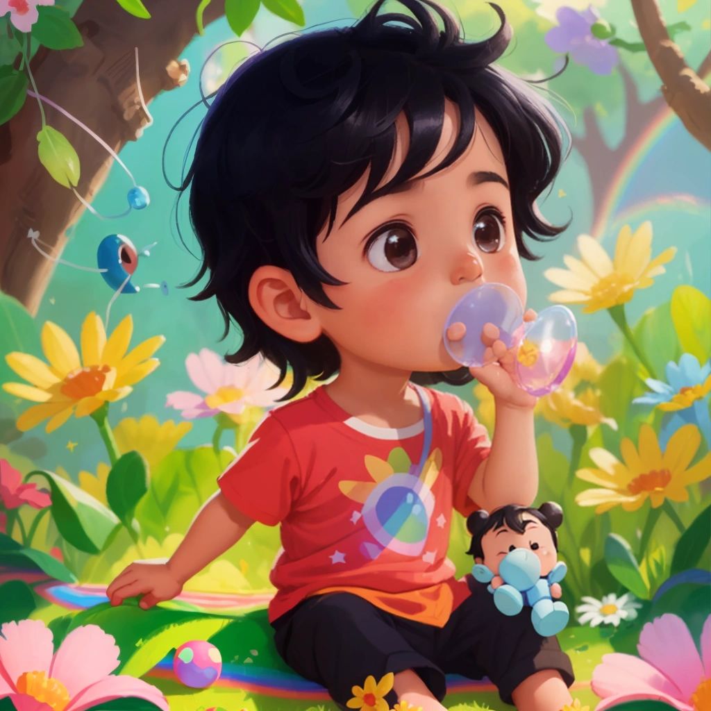 King playing with his magical pacifier, Bobo, in his mouth while sitting on a colorful flower in his magical kingdom.