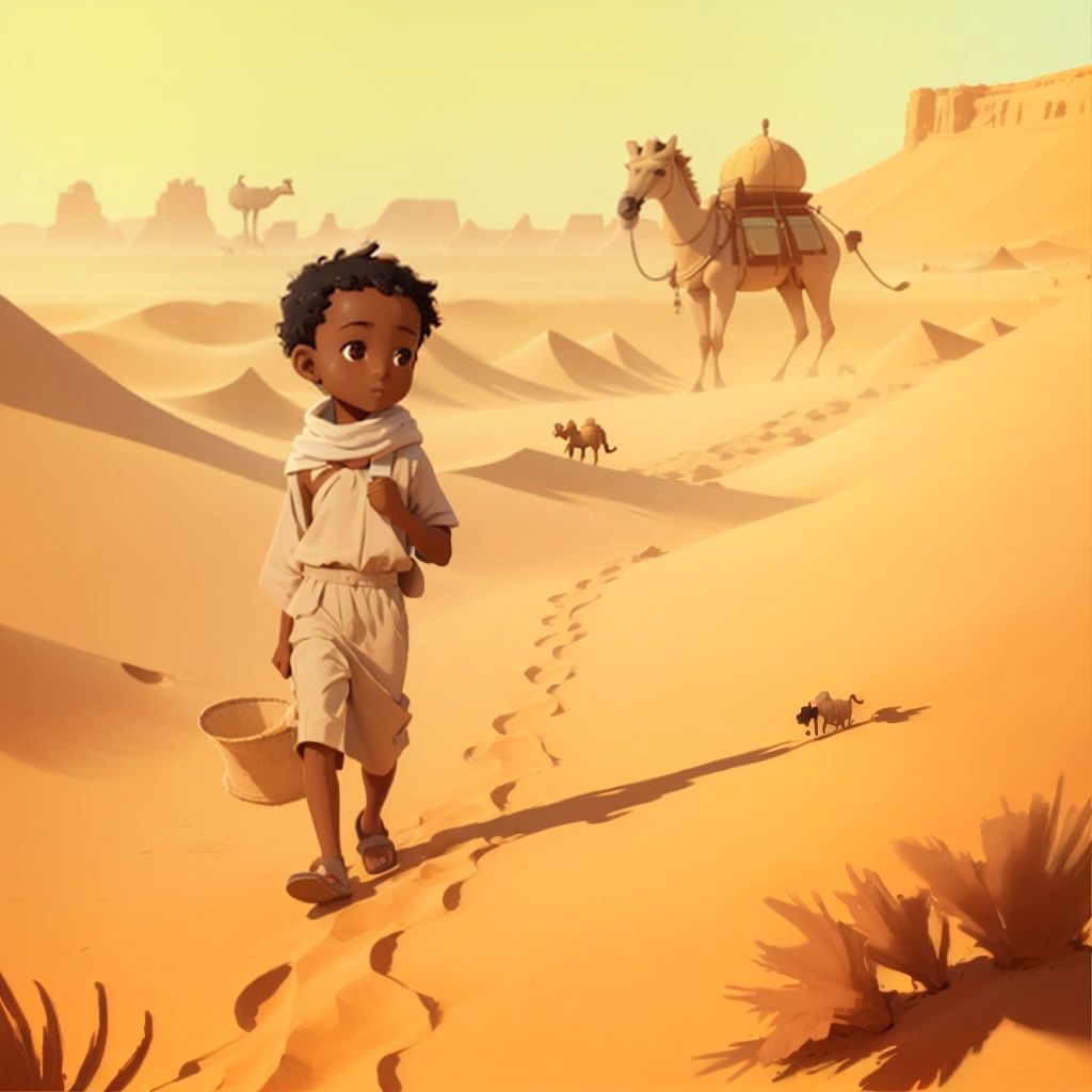 King walking through the desert, with camels and sand dunes in the background.