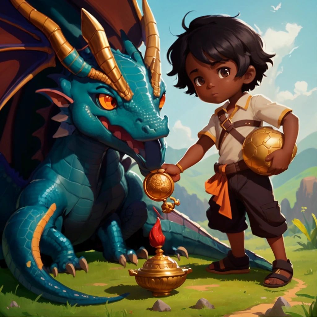 King standing bravely in front of a dragon, holding the treasure they found together.