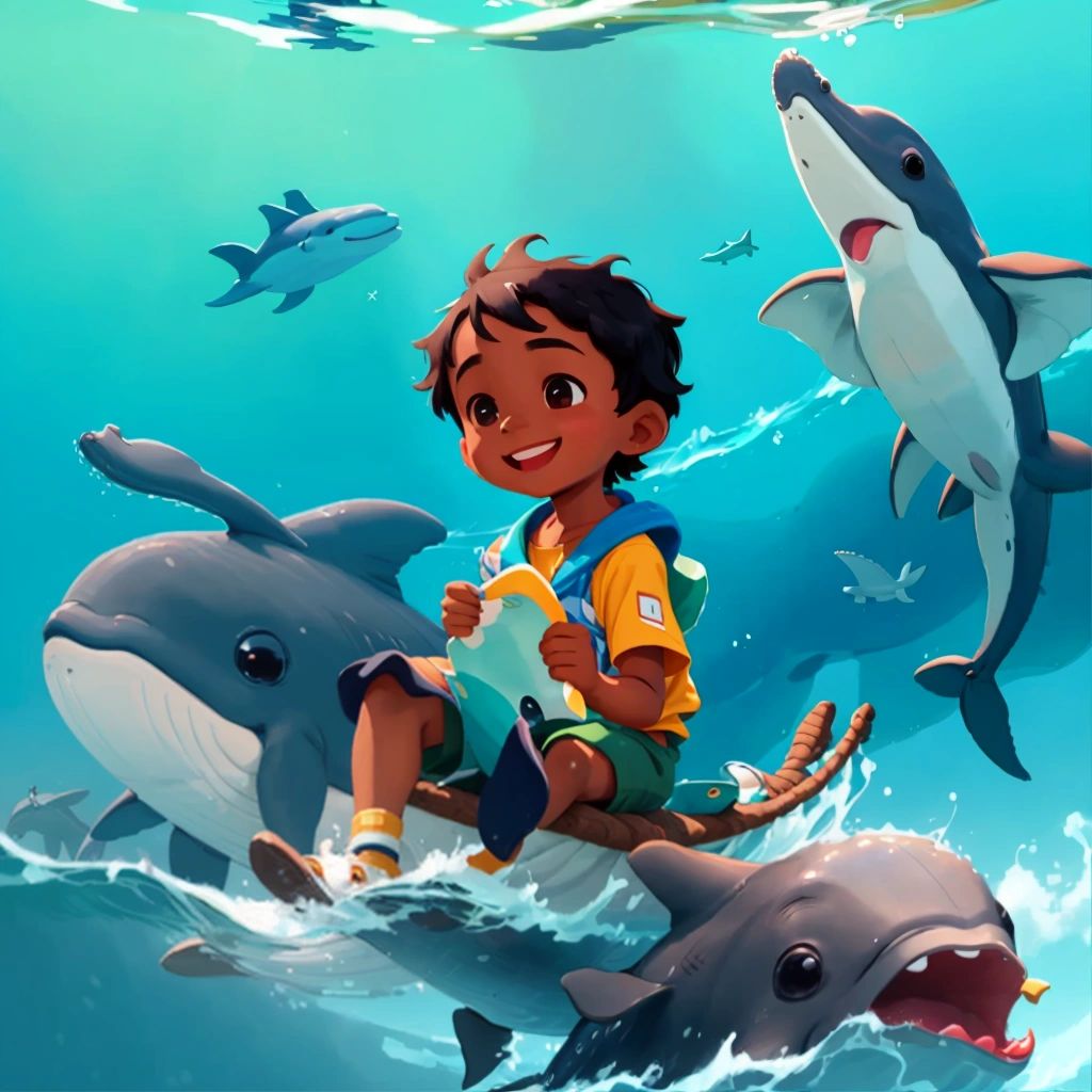 King swimming with whales and dolphins in the ocean, with a big smile on his face.