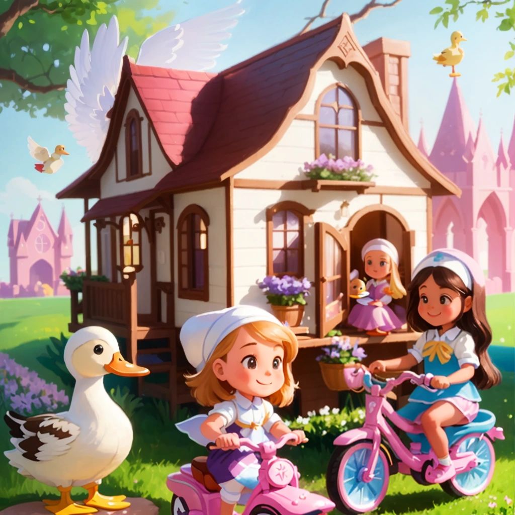 The magical duck granting the sisters' wishes. Riley is riding her new bike, Faith is holding her new puppy, and Trinity is admiring her new dollhouse.