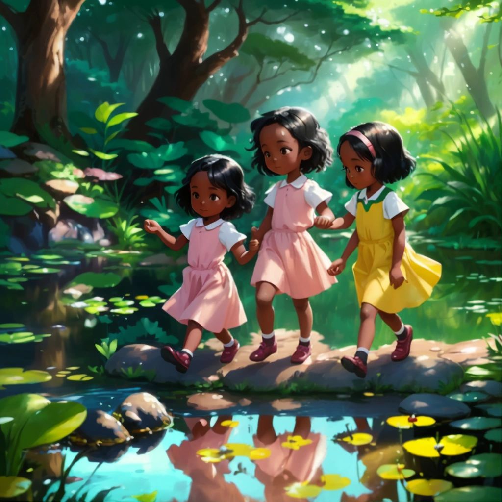 Three sisters, Riley, Faith, and Trinity, walking in the forest and discovering the magical pond. They are amazed and excited to explore it.