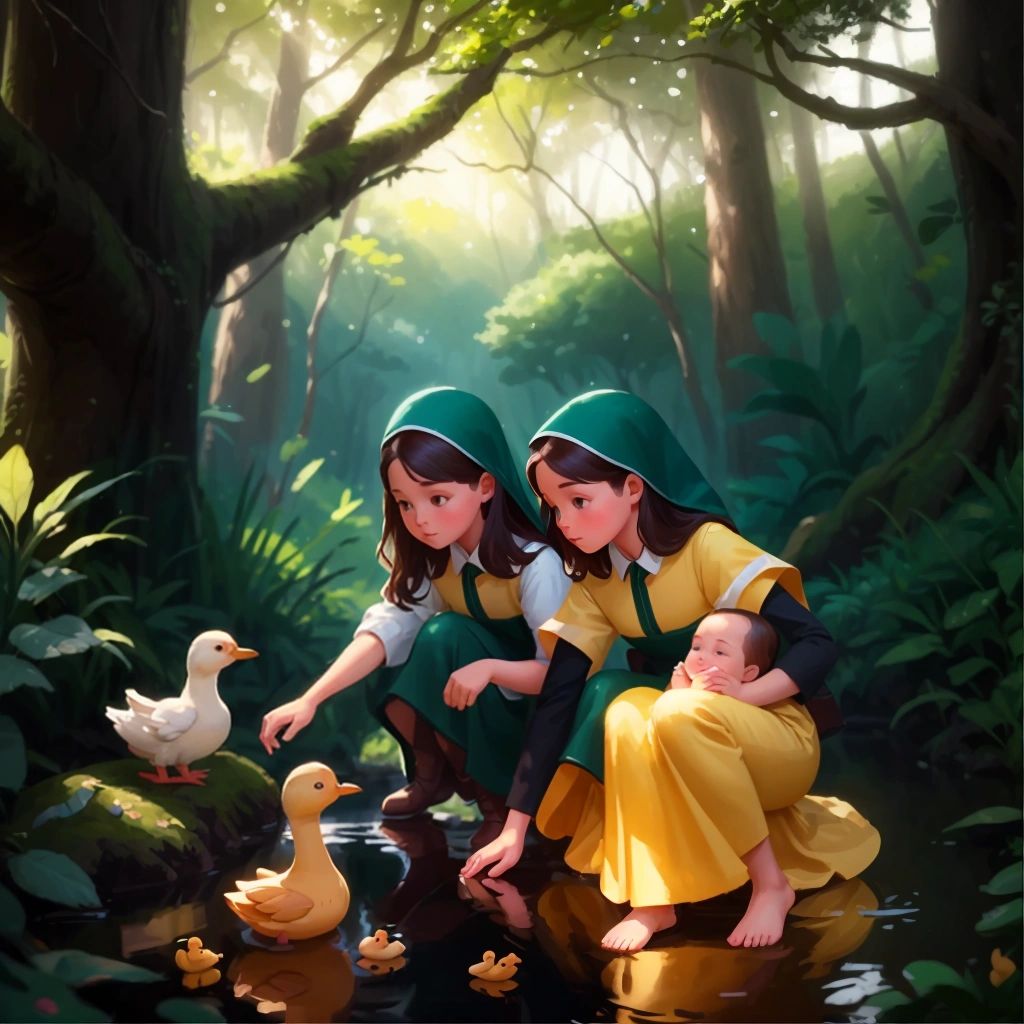 The sisters searching for the lost baby ducks in the forest. They are determined and focused on finding them.