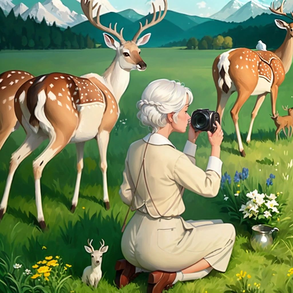 Grandma crouched down taking a picture of a family of deer grazing in a meadow.