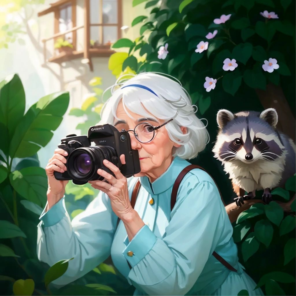 Grandma holding her camera, taking a picture of a curious raccoon peeking out from behind a bush.