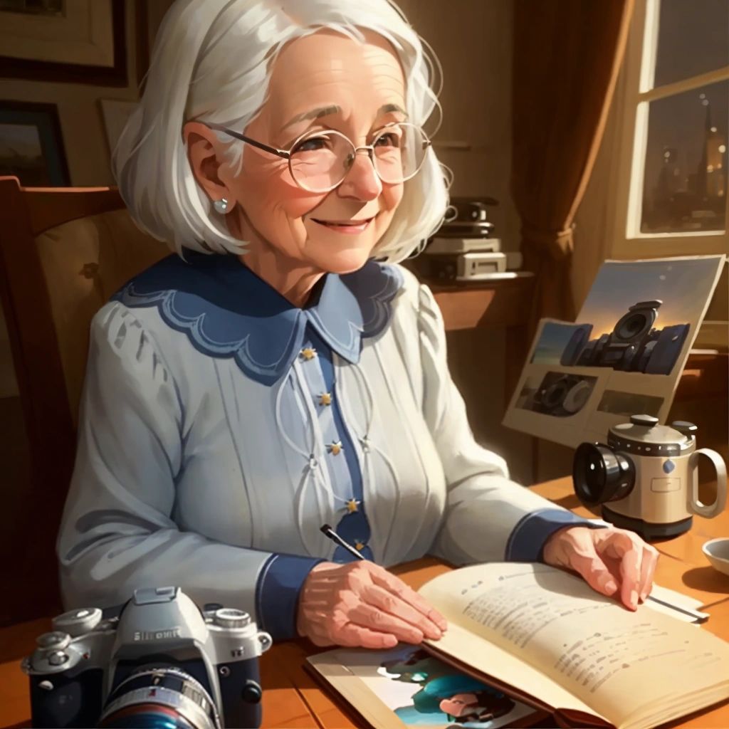 Grandma sitting at home, looking through her photo album with a smile on her face.