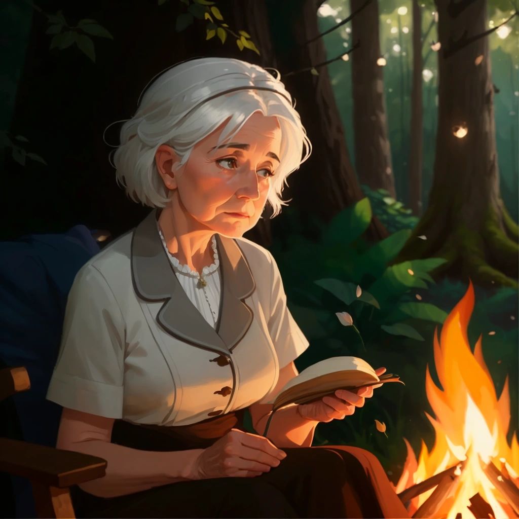 Grandma sitting by a campfire, surrounded by trees and nature.