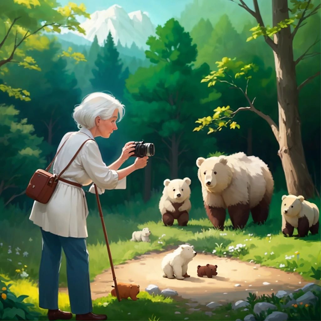 Grandma standing at a distance, taking a picture of a family of bears playing and eating in a clearing.