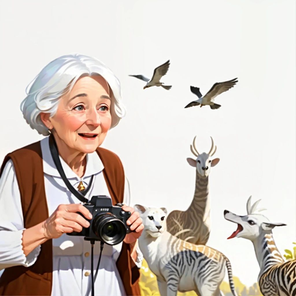 Grandma holding her camera, looking excitedly at a group of animals in the distance.