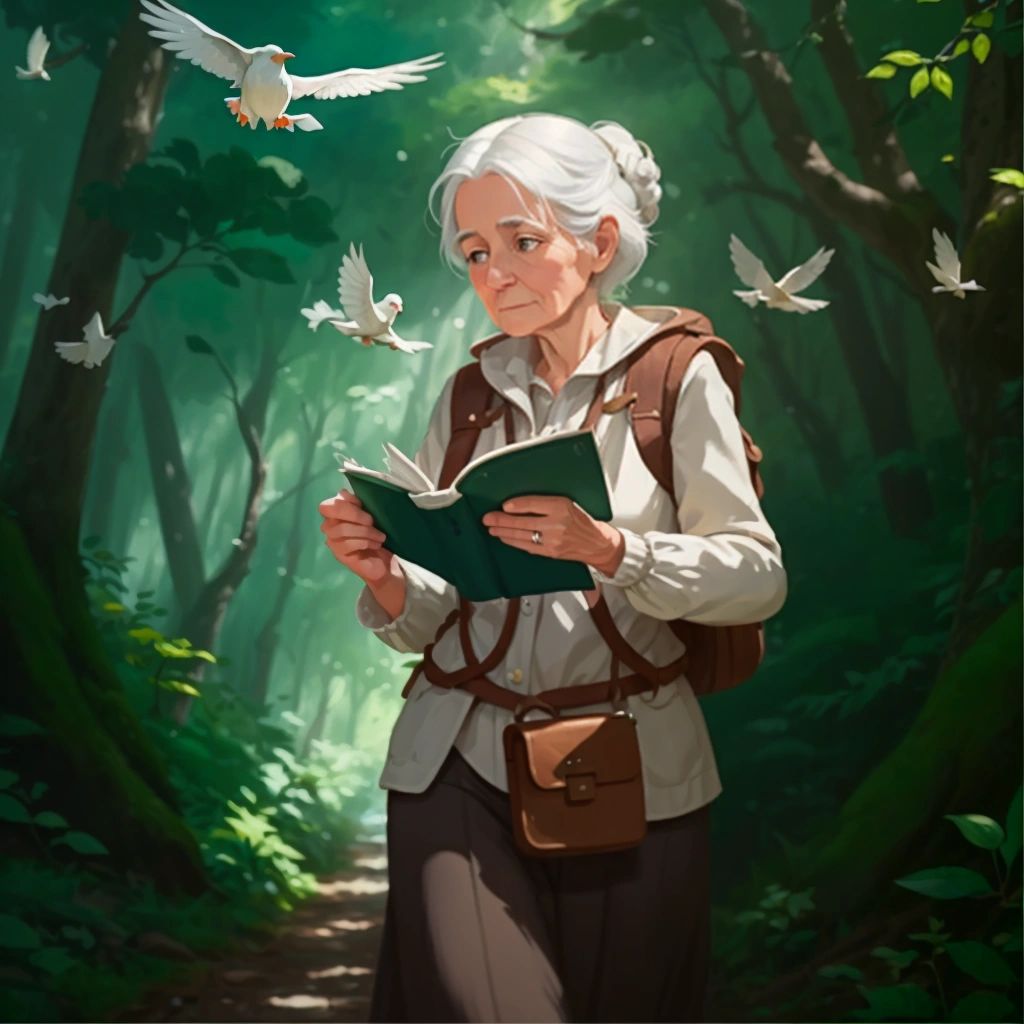 Grandma walking through the forest, holding her camera and map, with birds flying around her.