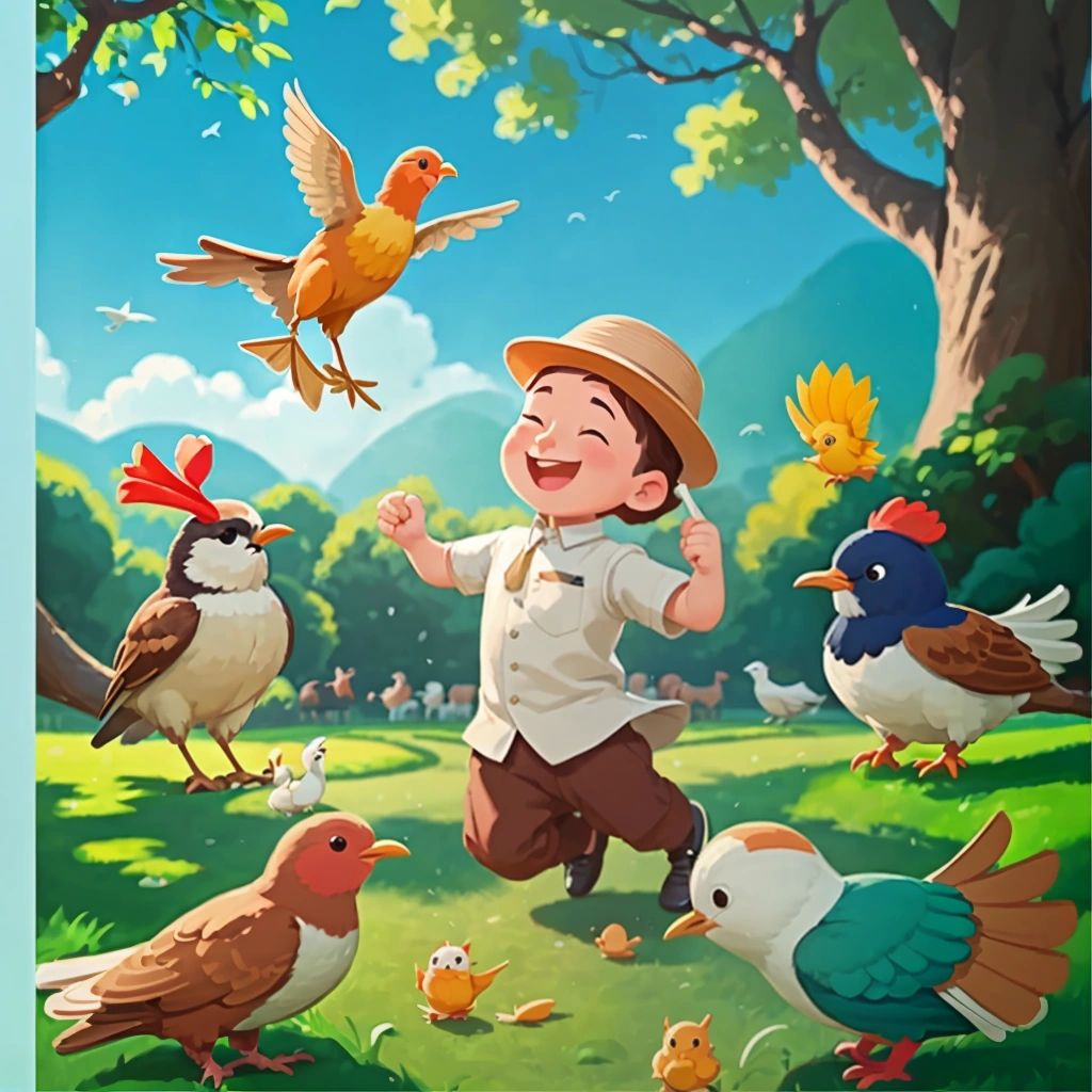 Kuku tap dancing in the park, surrounded by his animal friends, with Toby by his side.