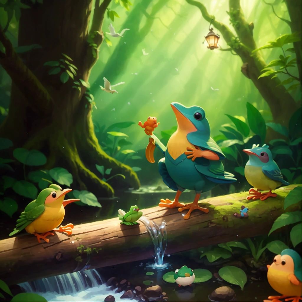 Kuku tap dancing for a frog on a log in the mysterious forest