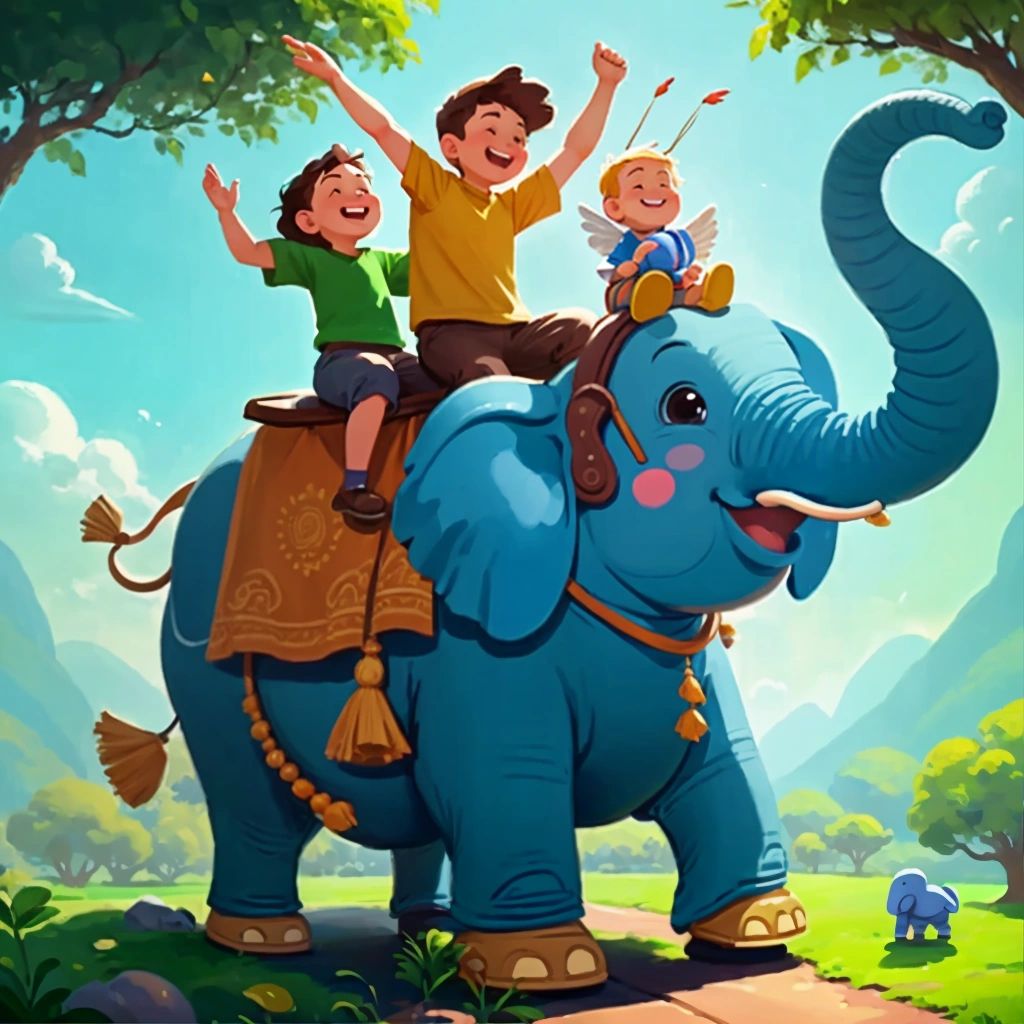 Kuku and Toby riding on the back of a friendly giant elephant