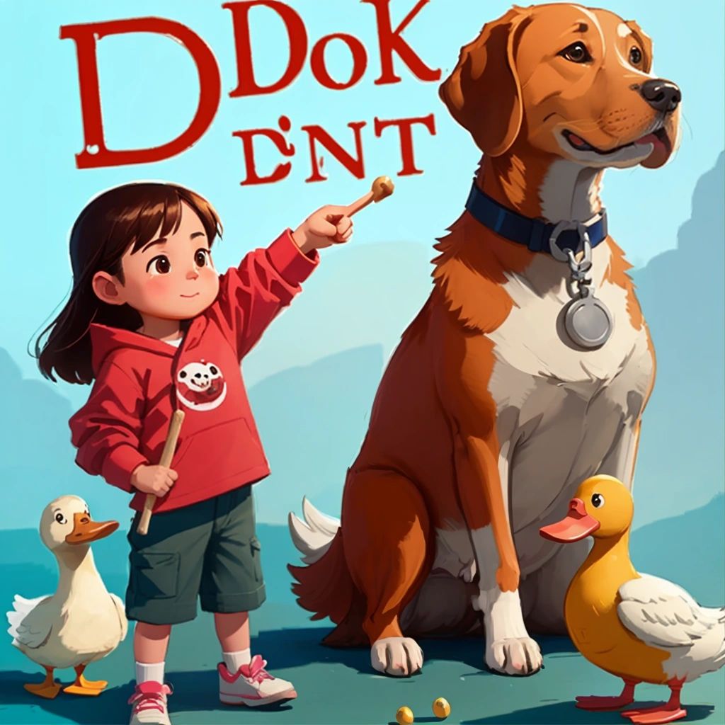 Emily standing next to the letter D, who is a friendly dog. D is holding a bone and pointing to the words "dog", "duck", and "donut".