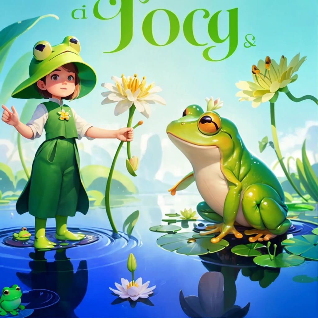 Emily standing next to the letter F, who is a green frog. F is holding a lily pad and pointing to the words "frog", "fish", and "flower".