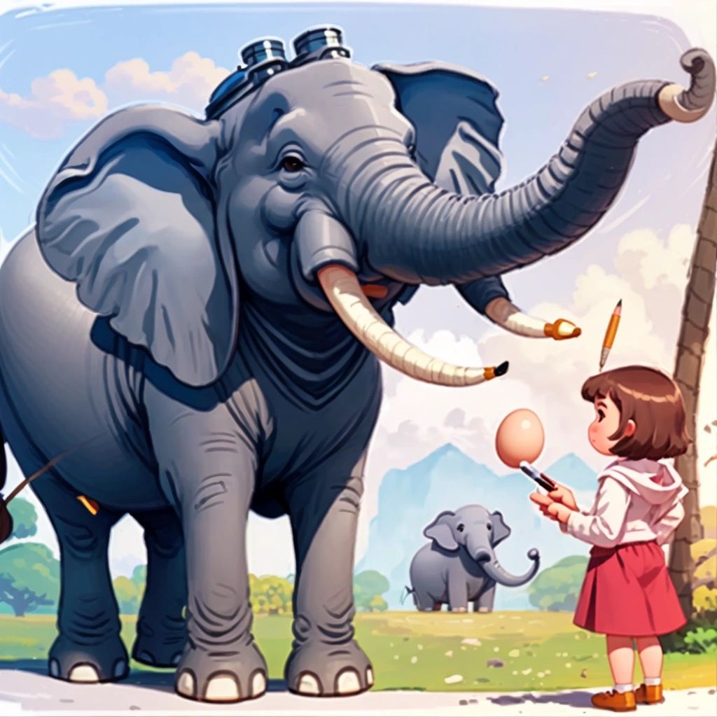 Emily standing next to the letter E, who is a big grey elephant. E is holding a pencil and pointing to the words "elephant", "egg", and "envelope".