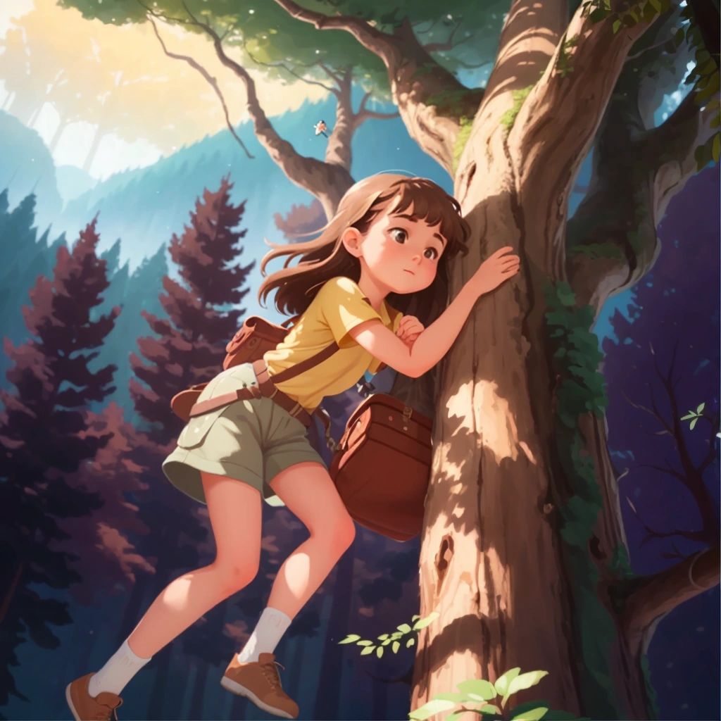 Lily climbing a tall tree to reach the top, with a breathtaking view of the forest in the background