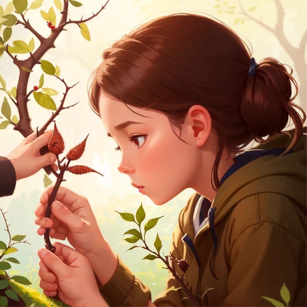 Lily carefully removing thorns from a small creature trapped in a thorn bush