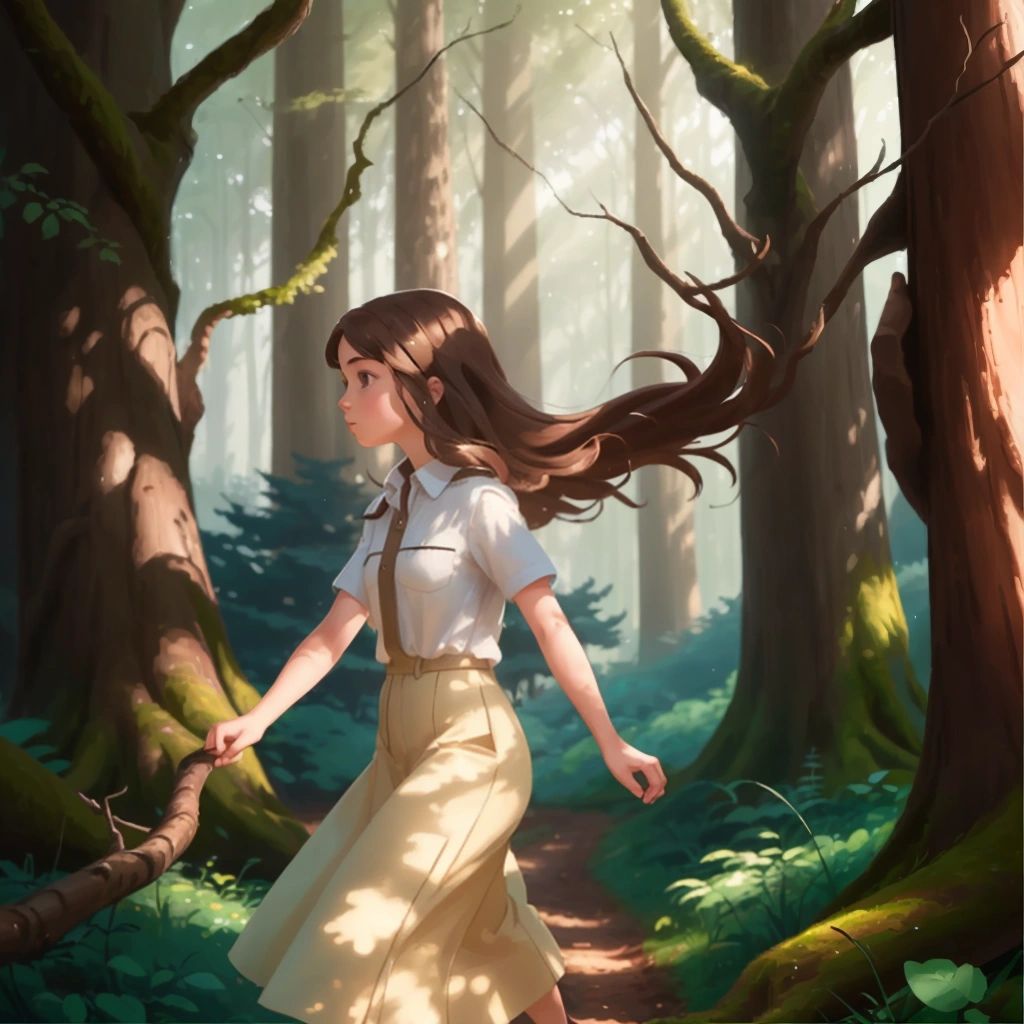 Lily walking in the woods, with tall and twisted trees in the background