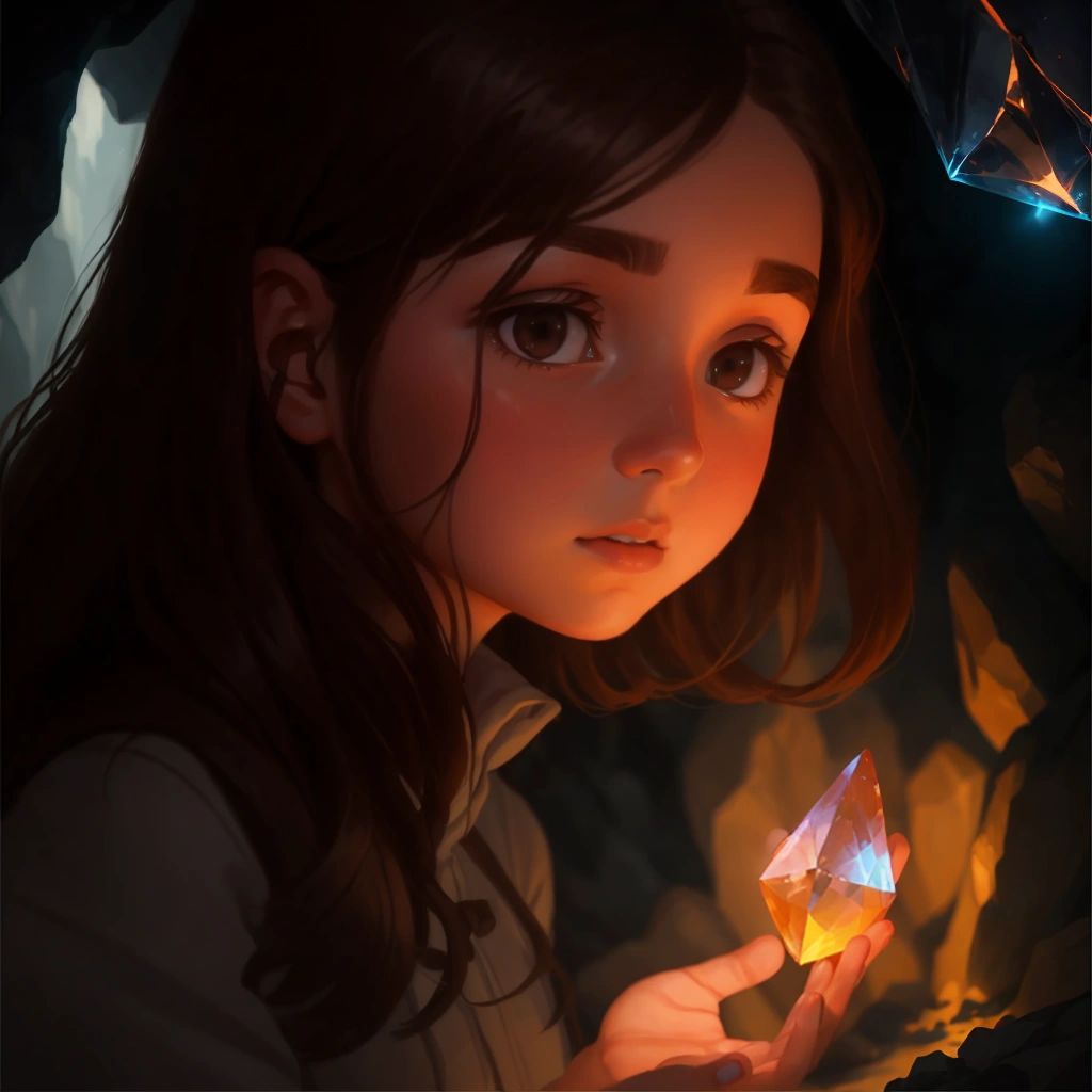 Lily holding a glowing crystal in a dark and scary cave