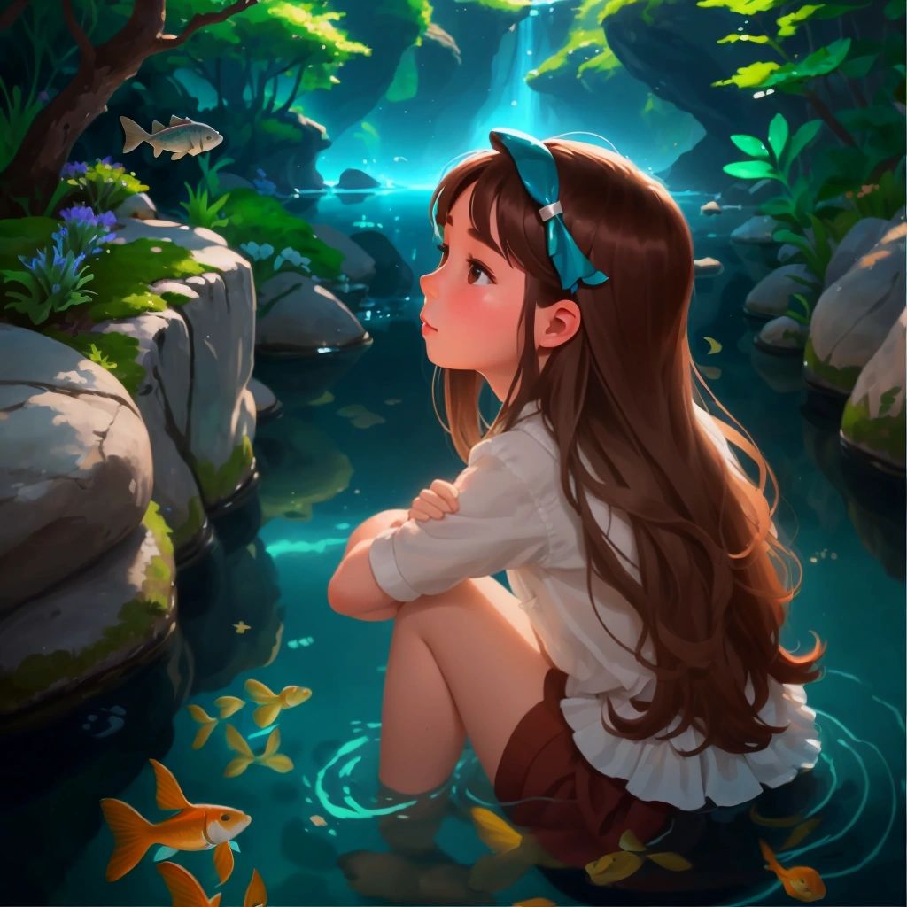 Lily sitting by the enchanted river, watching the fish swim in perfect harmony