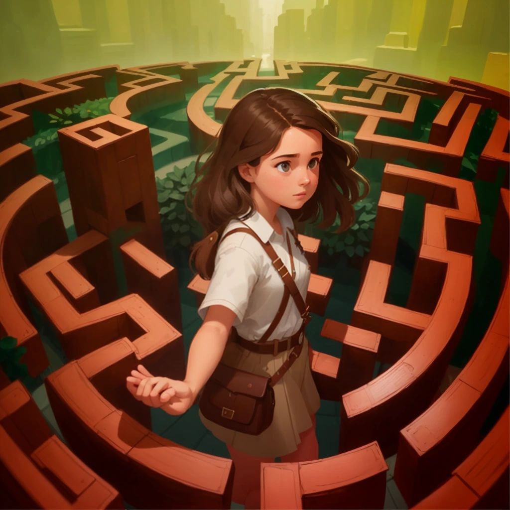 Lily standing in front of a complex maze with many twists and turns