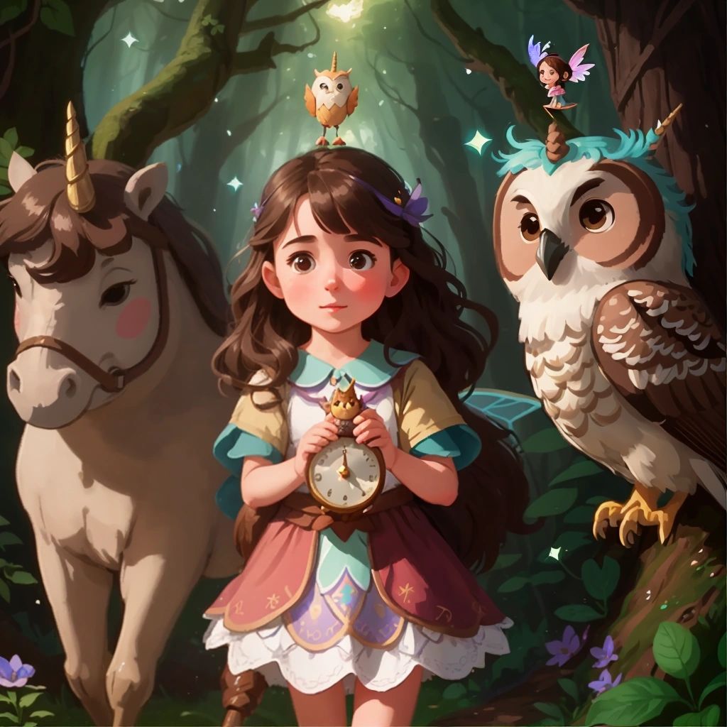 Lily surrounded by the mischievous fairy, friendly unicorn, and wise old owl