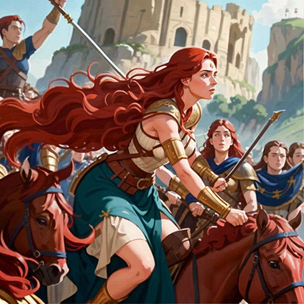 Boudica leading her rebellion against the Romans, with her people fighting alongside her.