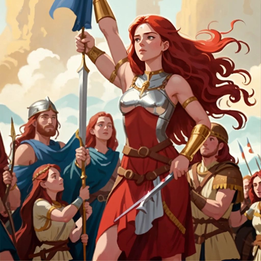 Boudica and her people celebrating their victory over the Romans, with Boudica holding a sword triumphantly.