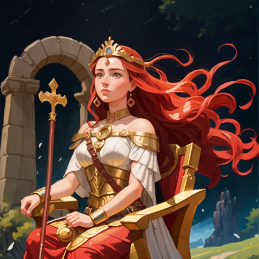 Boudica, the beloved queen, sitting on her throne with a peaceful kingdom behind her.