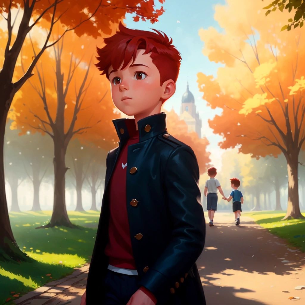 Pierre, a young boy with short red hair, walking in the park and hearing a strange sound.