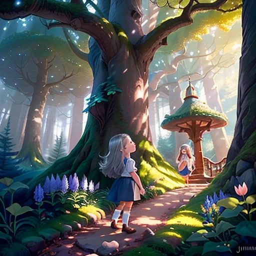 Luna, a little girl with long gray hair, warmly welcoming the players in the enchanted forest.