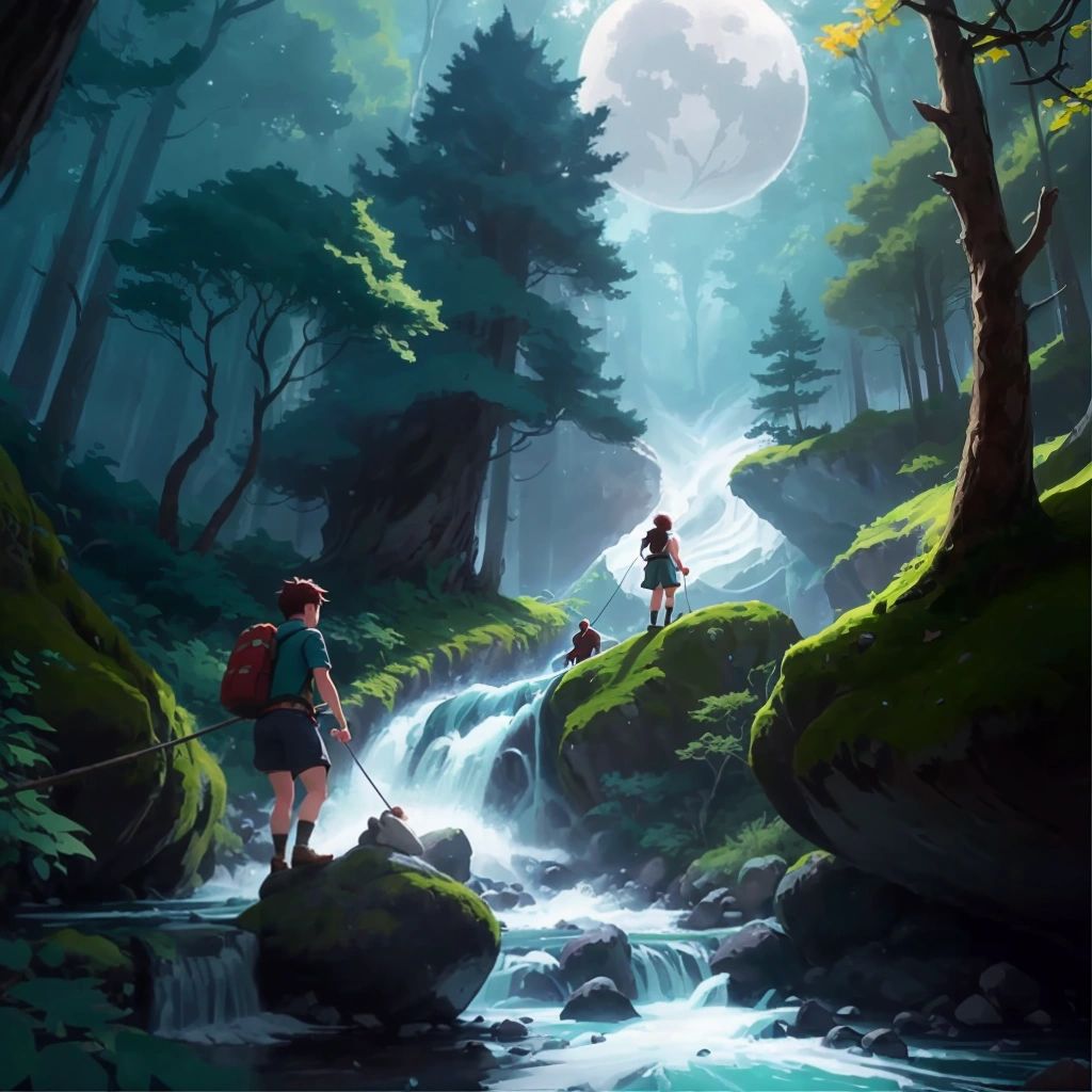 The players facing various challenges in the forest, such as crossing turbulent rivers, climbing steep mountains, and solving mysterious riddles.
