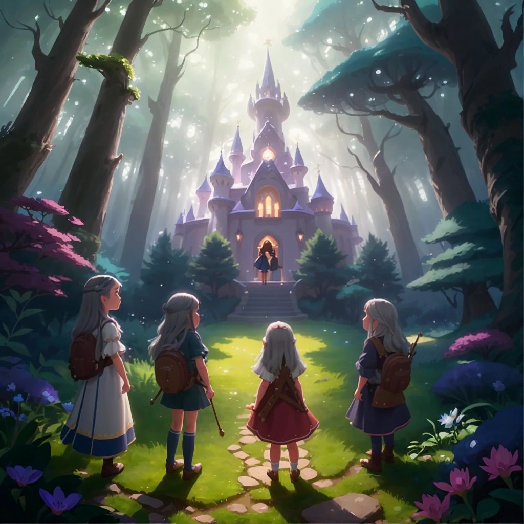 A group of players being transported to a magical and mysterious world, surrounded by enchanted forest and mythical creatures.