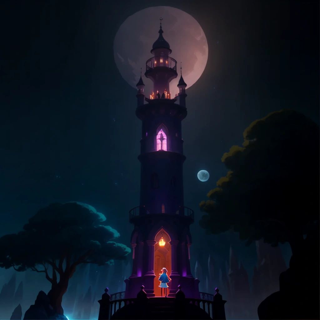 The players discovering the hidden location of the magical element at the top of an enchanted tower, protected by a powerful spell.