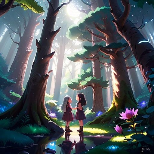 Luna explaining to the players about a lost magical element in the forest and proposing to help them find it.