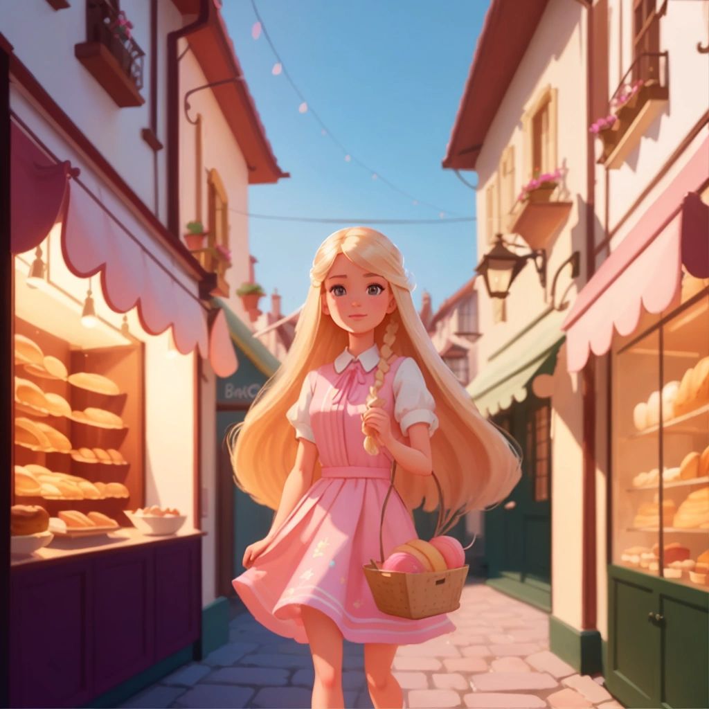 Barbie exploring the shops and bakery near her dream house, discovering new adventures and delicious treats.