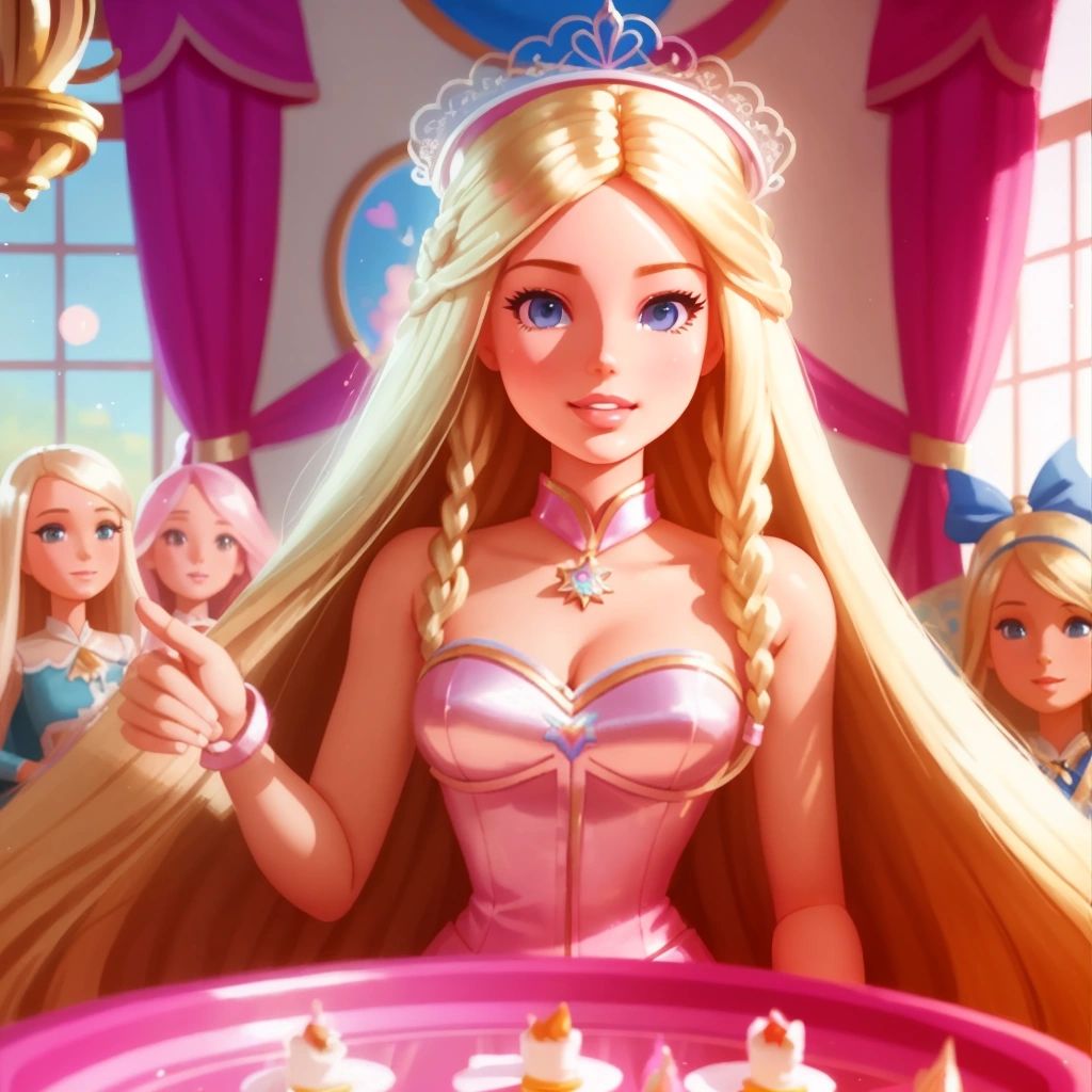 Barbie surrounded by her friends in her dream house, enjoying parties and creating wonderful memories together.